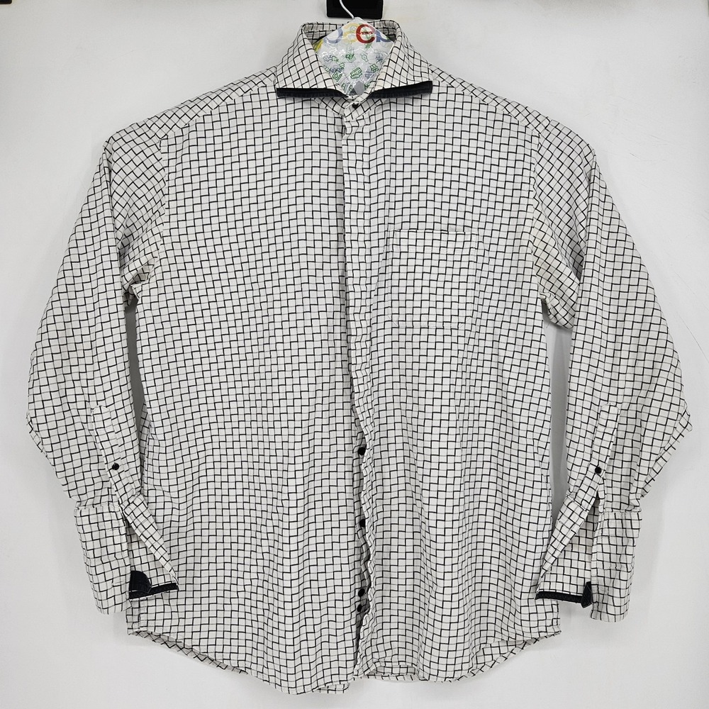 Steven Land Dress Shirt Mens 17.5 36-37 Black Geometric Button Long‎ Sleeve VTG